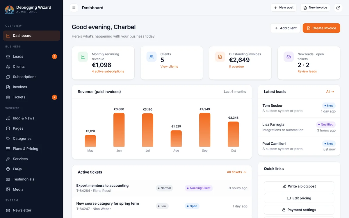 Admin dashboard of the client management system, shown with demo data