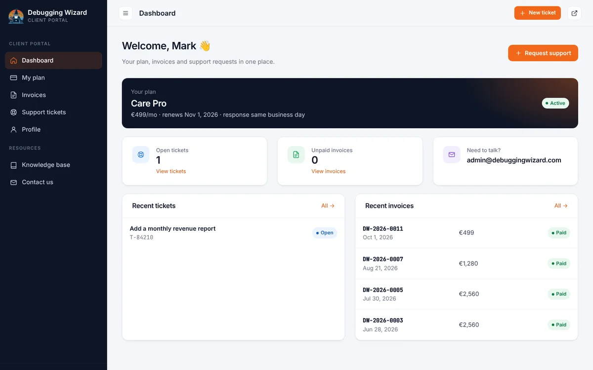 Client portal dashboard with plan, tickets and invoices (demo data)